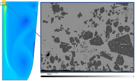 left: Representation of the calculated particle concentration in the RDE test; right: Microscope image of the Fe2Al5 particles produced; images: MUL-SMMP, MCL