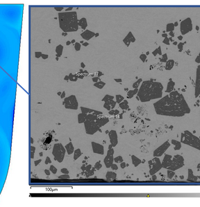 left: Representation of the calculated particle concentration in the RDE test; right: Microscope image of the Fe2Al5 particles produced; images: MUL-SMMP, MCL