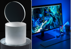 Links: Gezüchteter Saphir Kristall; Bild: FameTec; rechts: Anwendungsbeispiel; Foto von Daniel Korpai auf Unsplash