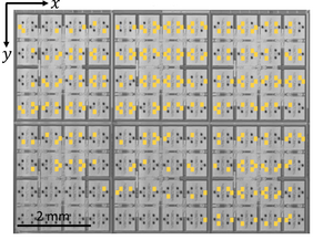 Scanning acoustic microscopy image data used for testing on wafer-level. This region of a wafer contains approximately 800 TSVs (black dots), yellow squares indicate regions with defected TSVs; image: MCL