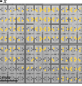 Scanning acoustic microscopy image data used for testing on wafer-level. This region of a wafer contains approximately 800 TSVs (black dots), yellow squares indicate regions with defected TSVs; image: MCL