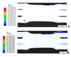 Bild 2: Querschnitt eines Schweißpunkts durchgeführt mit Standardelektrodenkappen (oben) und mit K-Elektrodenkappen (unten); Im Schweißgut sind im oberen Fall deutlich Risse zu erkennen, Bild: MCL