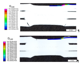 Image 2: Cross-section of a weld spot made with standard electrode caps (top) and with K-electrode caps (bottom); in the top case, cracks are clearly visible in the weld metal, image: MCL